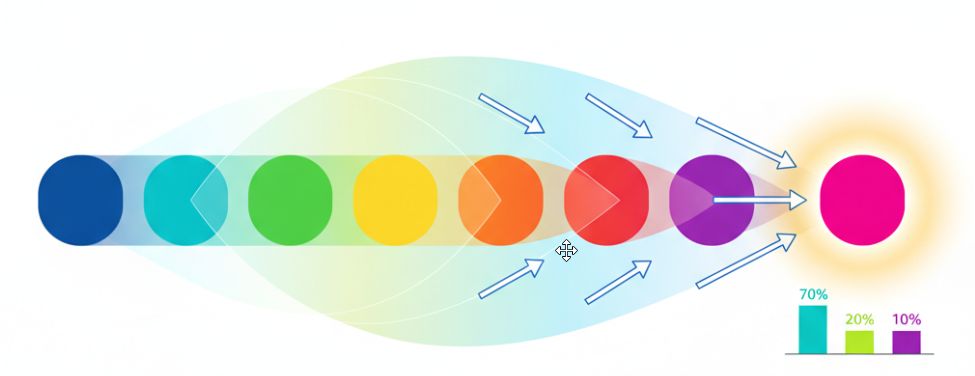 Схема: модель опирается на полный контекст при выборе следующего токена